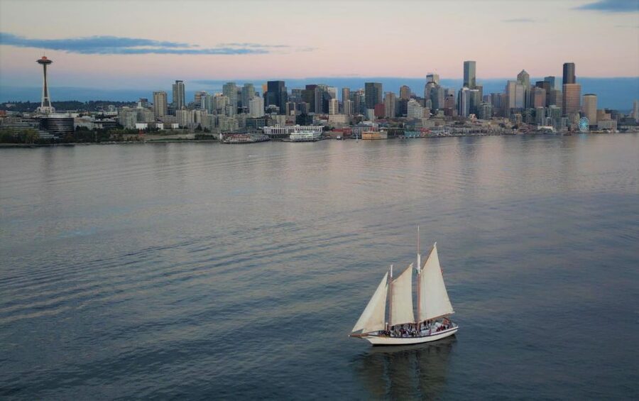 Seattle: Tall Sailboat Sunset Harbor Cruise - The sunset payoff: Olympic Mountains color and skyline glow